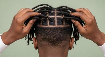 Man hands adjusting his dreadlocks with a fresh fade haircut and precise box braids photo