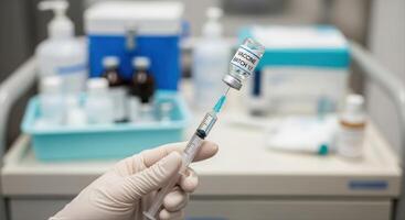 Gloved Hand Preparing Vaccine Dose with Syringe and Vial for Medical Injection photo