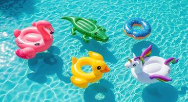 Colorful inflatable pool floats floating in a bright blue swimming pool photo
