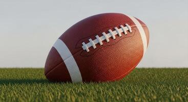 American football resting on green grass under a clear sky, ready for game day photo