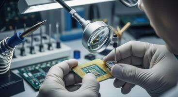 Technician working on computer processor with magnifying lamp in a high tech lab photo