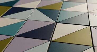 Modern geometric pattern with colorful triangular tiles creating an abstract surface design. photo
