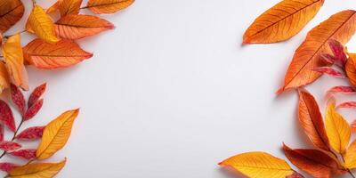 The vibrant autumn leaves creating a warm and colorful border on a white background. photo