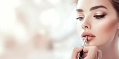 The graceful application of cosmetics on a model's lips for a flawless look. photo