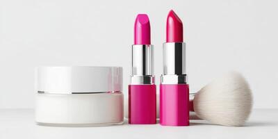 The vibrant collection of lipsticks and skincare products on a minimalist background. photo