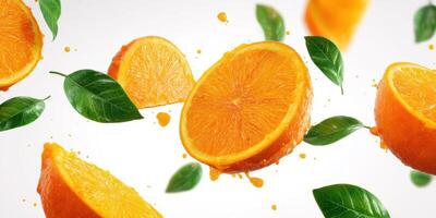 The vibrant oranges and fresh leaves create a dynamic and appetizing scene. photo