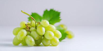 The fresh green grapes with leaves on a bright background. photo
