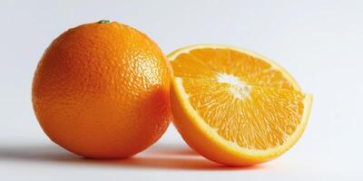 The vibrant orange fruit and its juicy, refreshing slice on a clean background. photo