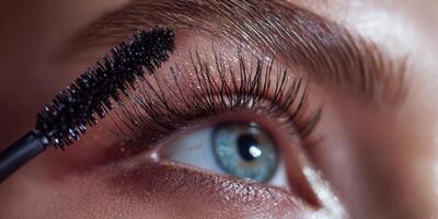 The elegant application of mascara enhancing beautiful eyelashes in close-up view. photo