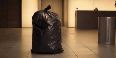 The black garbage bag stands prominently on a polished floor. photo