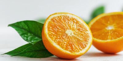 The vibrant orange half resting on fresh green leaves. photo