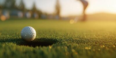 The golf ball inches from the hole on a sunny green putting surface photo