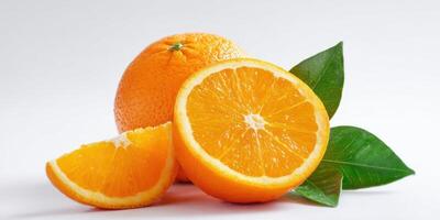 The refreshing orange fruit with vibrant slices and green leaves arranged artistically. photo