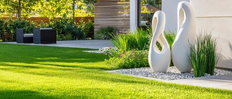A modern garden with white sculptures and grass photo