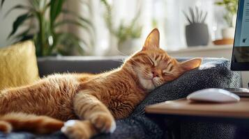An orange cat sleeping on a couch near a computer photo