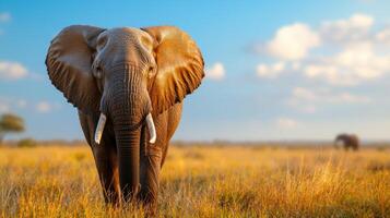 An elephant walking in a field with a blue sky photo