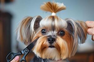 A dog being groomed by a person with scissors photo