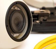 close-up surveillance camera with infrared LEDs. surveillance system and security of the house and the street photo