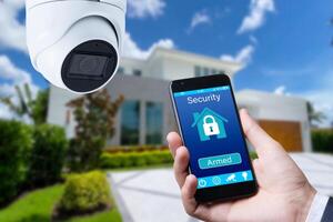 Security camera and smart home app, private house on the background photo