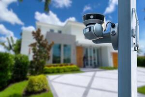 Security camera and private house on the background photo