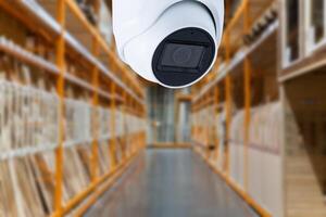 CCTV Camera or surveillance operating inside industrial factory. photo