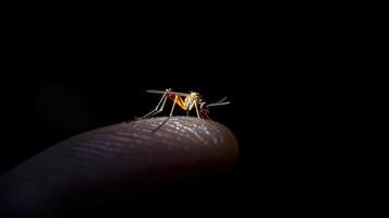 A Mosquito Insect Resting on Human Finger Skin Surface photo