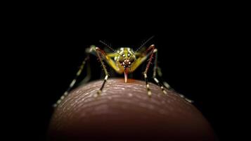 Close up photograph shows a mosquito biting a human finger photo