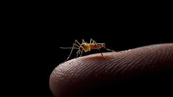 A mosquito insect rests on a human finger against blackness photo