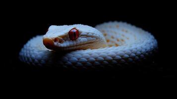 A white snake with red eyes curled up tightly photo