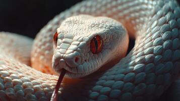 A close up view of a white snake with red eyes photo