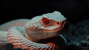A close up portrait of a white snake with red eyes photo