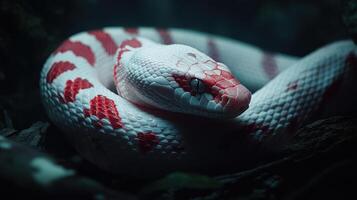 A beautiful white and red patterned snake is coiled photo