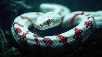 A vibrant white snake with red patterns is captured in detail photo