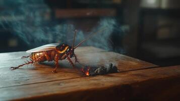 An insect stands near smoldering embers on a wooden surface photo