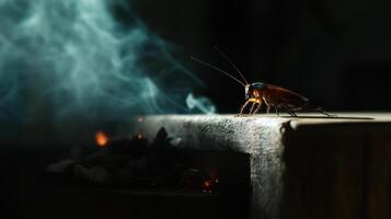 A cockroach is standing on wood near smoke and embers photo