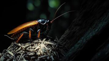 A large insect with wings perched upon decaying wood photo