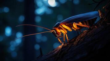 A close up image of a cockroach resting on a branch photo