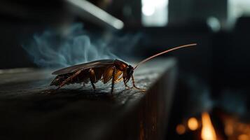 A detailed image showing a large cockroach on a wooden surface photo