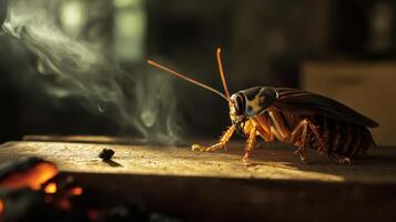 An insect cockroach stands on wooden surface near rising smoke photo