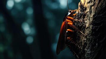 A detailed close up photograph of a cockroach on wood photo
