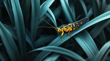 A vibrant insect rests delicately on a long green leaf photo