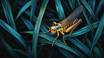 A vibrant illustration depicting a grasshopper amongst emerald green leaves photo