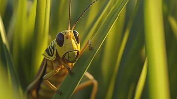 A close up image of a yellow grasshopper in nature photo