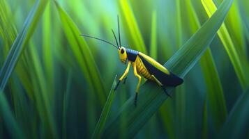 A colorful insect resting on a blade of green grass photo