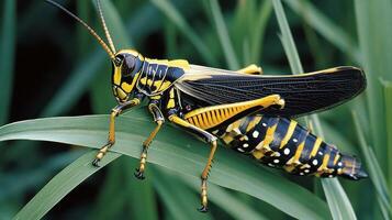 A detailed picture of a brightly colored grasshopper resting on a leaf photo