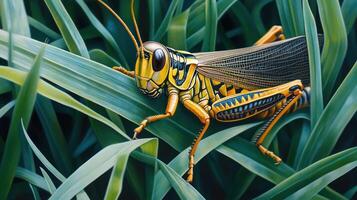 A detailed depiction of a grasshopper resting amongst green blades of grass photo