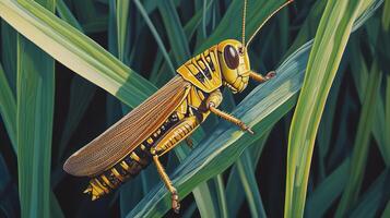 A detailed painting depicting a grasshopper resting on plant leaves photo