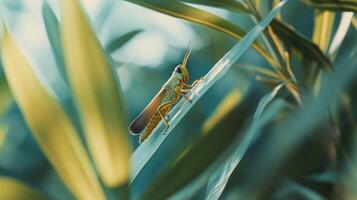 An insect is perched on a long leaf amongst the green foliage photo