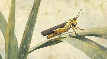 An illustration of a grasshopper perched on a large leaf photo