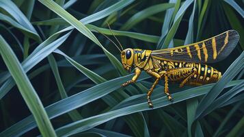 A detailed illustration of a vibrant grasshopper in green foliage photo